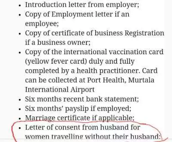 Women applying for South African visa are asked to bring letter of consent from their husband?